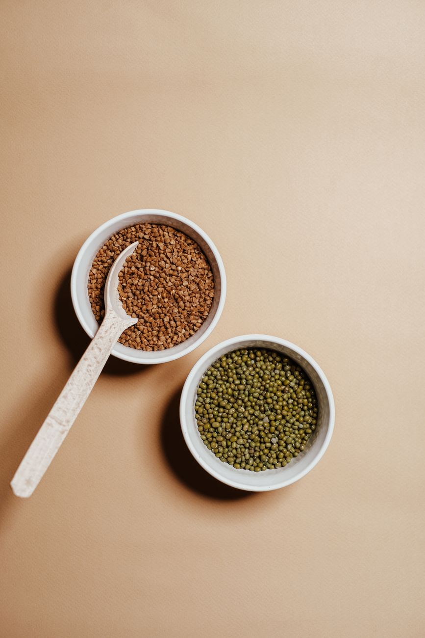 buckwheat and mung beans in bowls